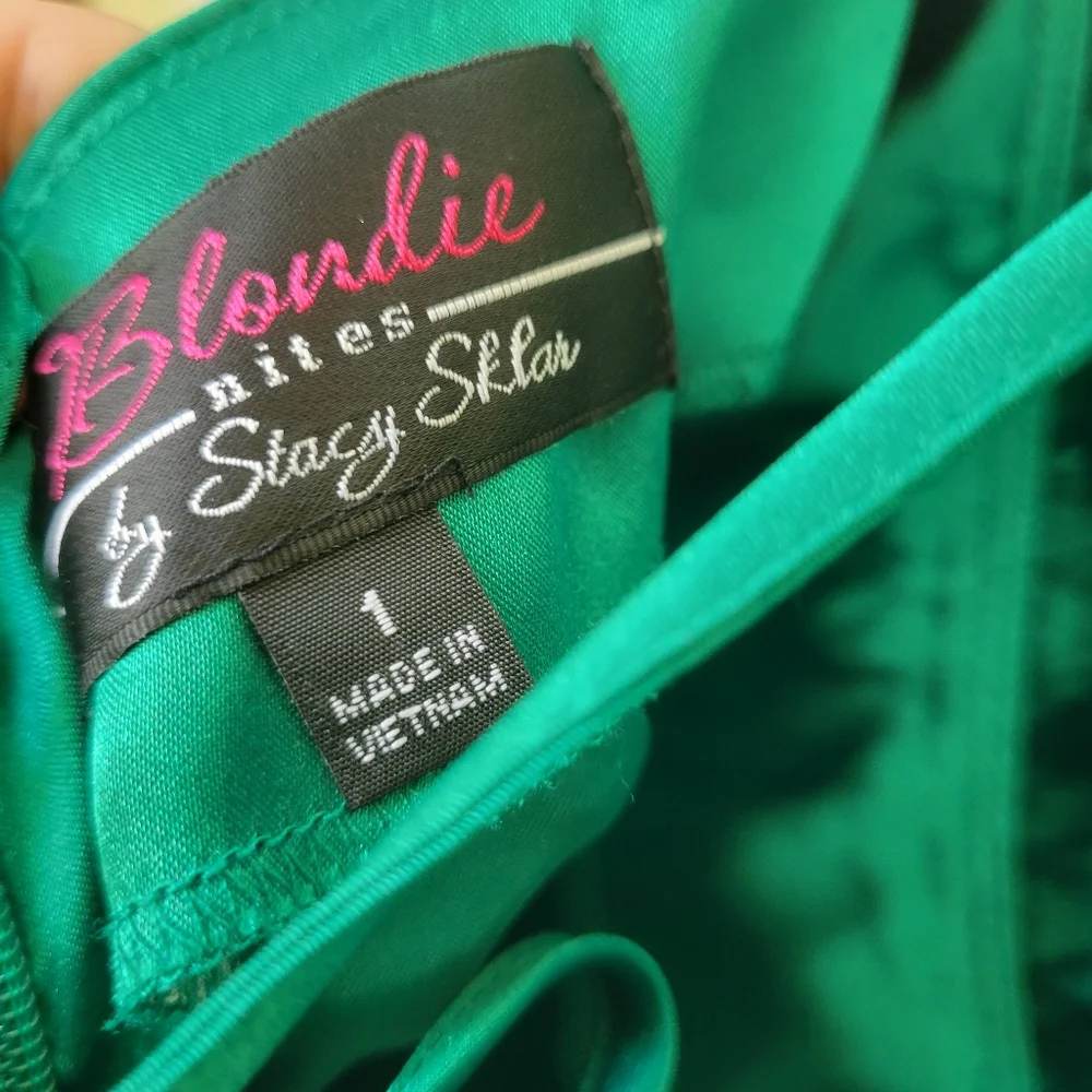 Blondie NITES Evening Gown Maxi Dress Green Satin Crossback BUTTERFLY